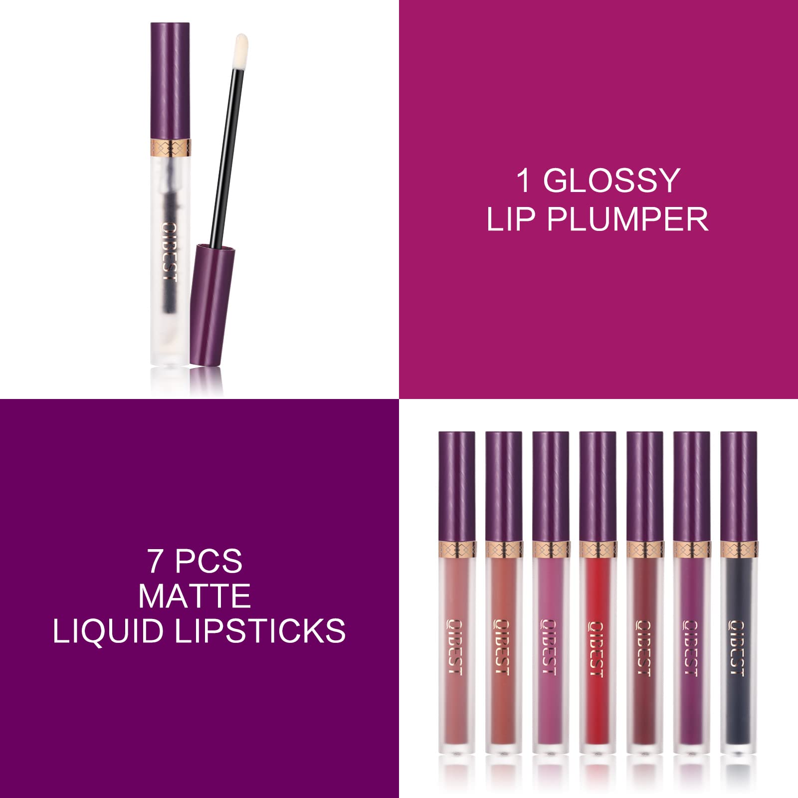 The Aurora Lip Collection by QiBest: 8-Piece Matte & Plumping Set