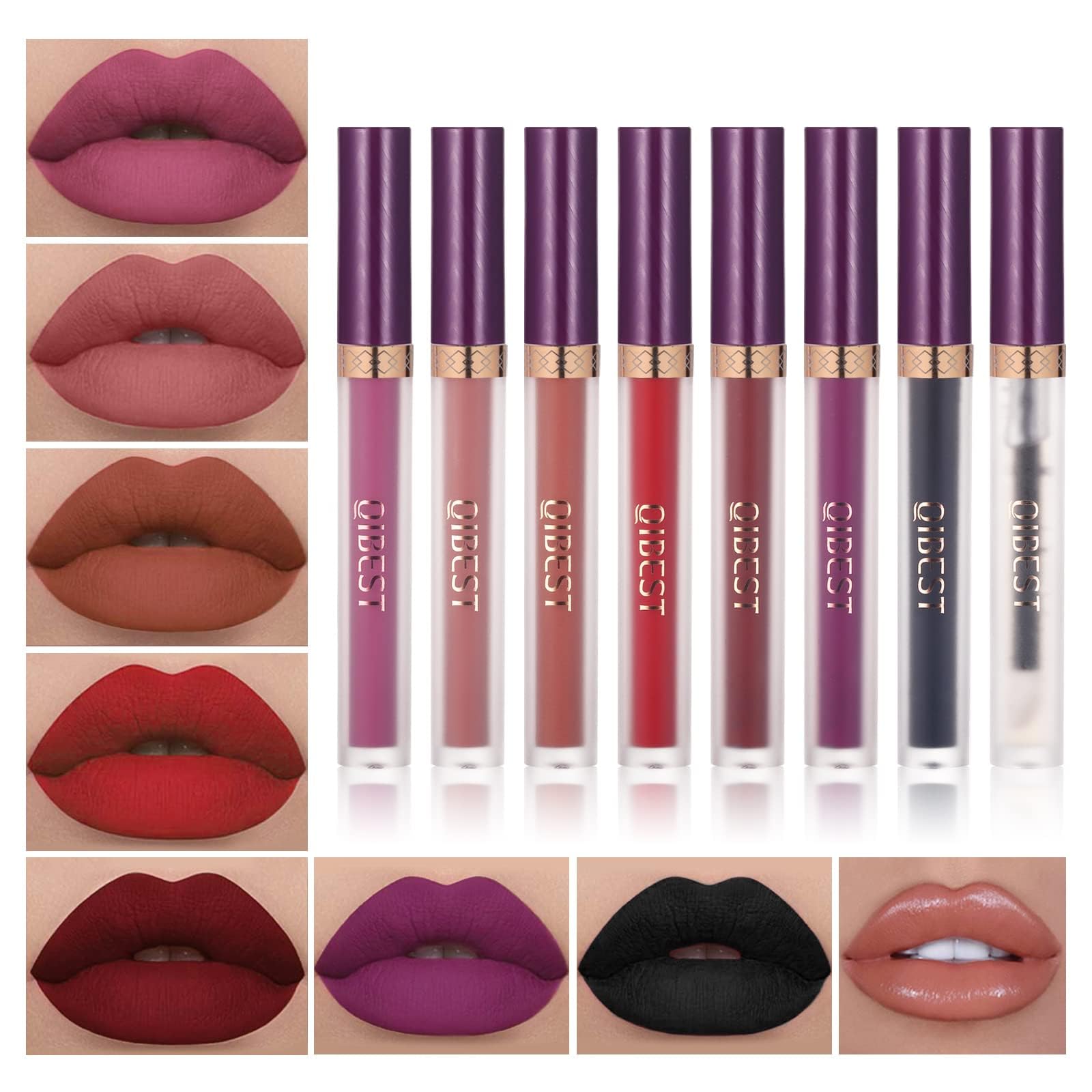 The Aurora Lip Collection by QiBest: 8-Piece Matte & Plumping Set