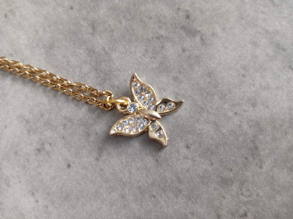 Handmade Butterfly Necklace with Sparkling Crystals – Gold-Toned Stainless Steel