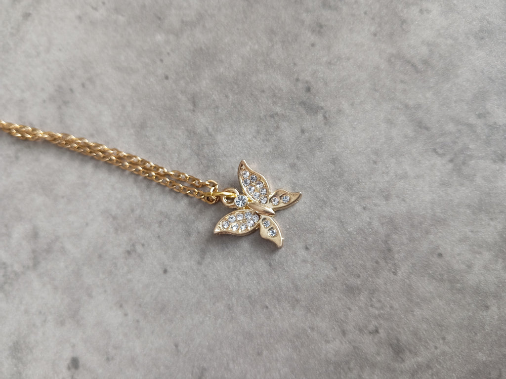 Handmade Butterfly Necklace with Sparkling Crystals – Gold-Toned Stainless Steel