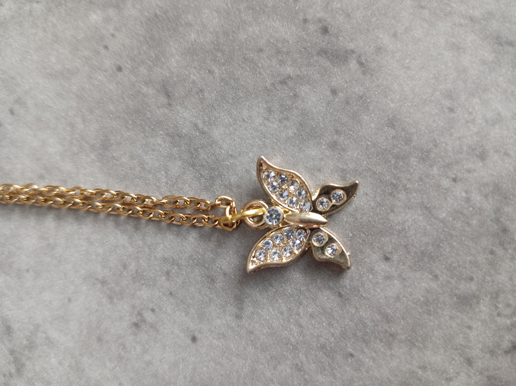 Handmade Butterfly Necklace with Sparkling Crystals – Gold-Toned Stainless Steel