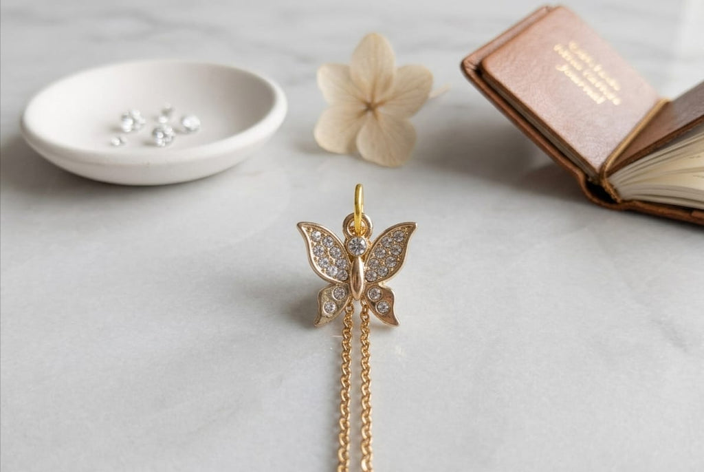 Handmade Butterfly Necklace with Sparkling Crystals – Gold-Toned Stainless Steel