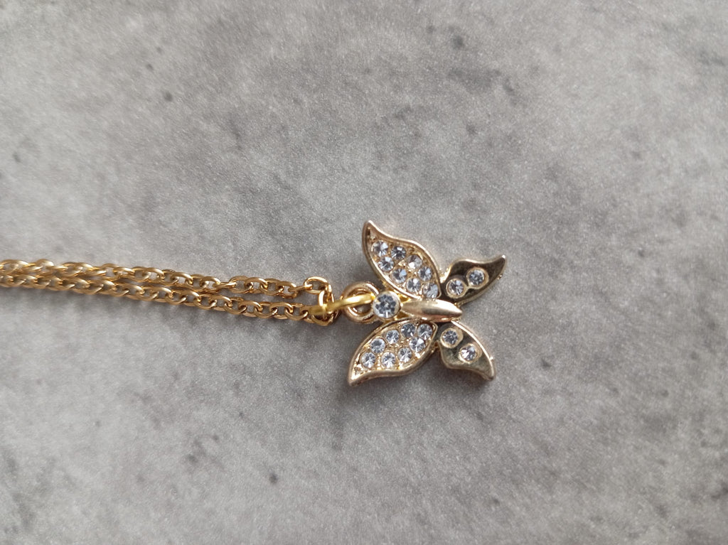 Handmade Butterfly Necklace with Sparkling Crystals – Gold-Toned Stainless Steel